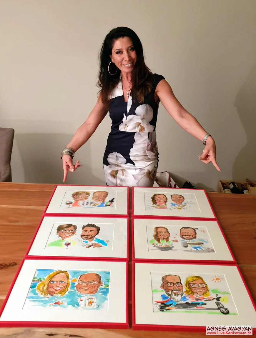 Agnes with six framed partner portraits
