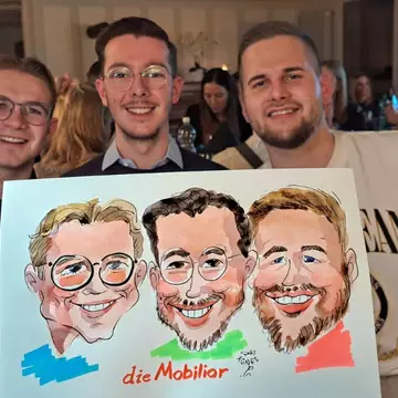 Team holding watercolor portraits, Mobiliar