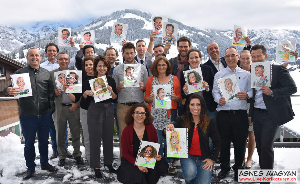 Team with individual portraits in front of the mountain view